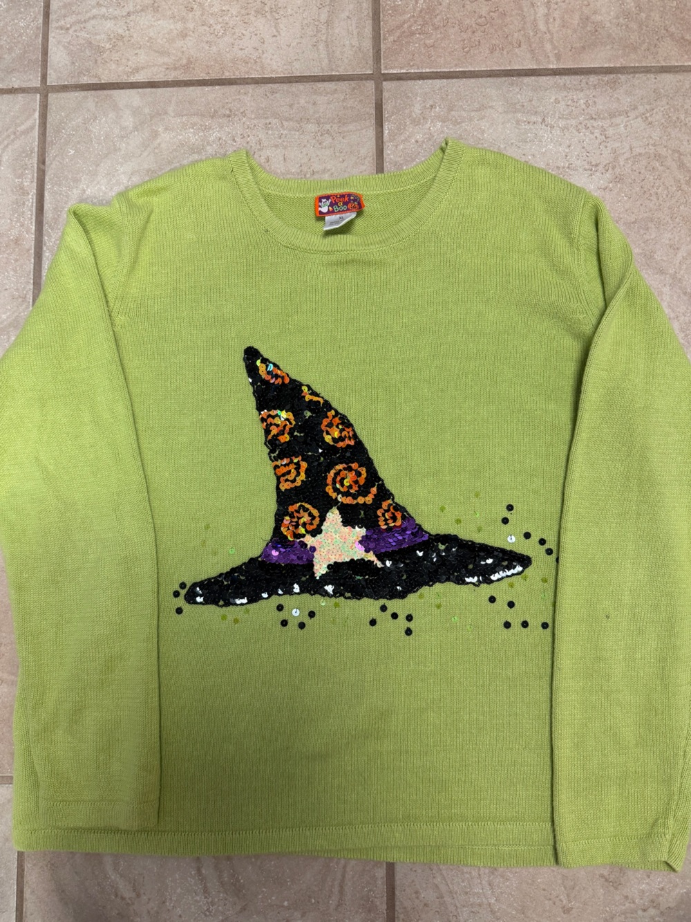 Peek A Boo Vintage Lime Green Halloween Witch Hat Sequin Sweater Size XL